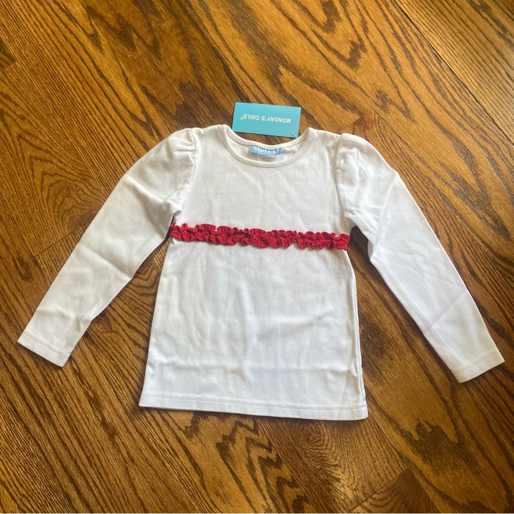 NWT Monday’s Child White Long Sleeve T-Shirt  & Red Corduroy Ruffle girls 2